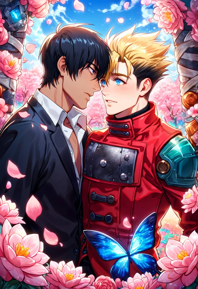 absurdres, highres, ultra detailed, HDR, master piece, best quality, Nicholas D Wolfwood, black hair, expressive dark blue eyes, Trigun, Vash Stampede, blonde hair, expressive blue eyes, two sexy men together, gay couple, yaoi, handsome, black jacket, red coat, magical, fantasy, shining, radiant, pink flowers, pink blossoms, pink butterflies, pink petals
