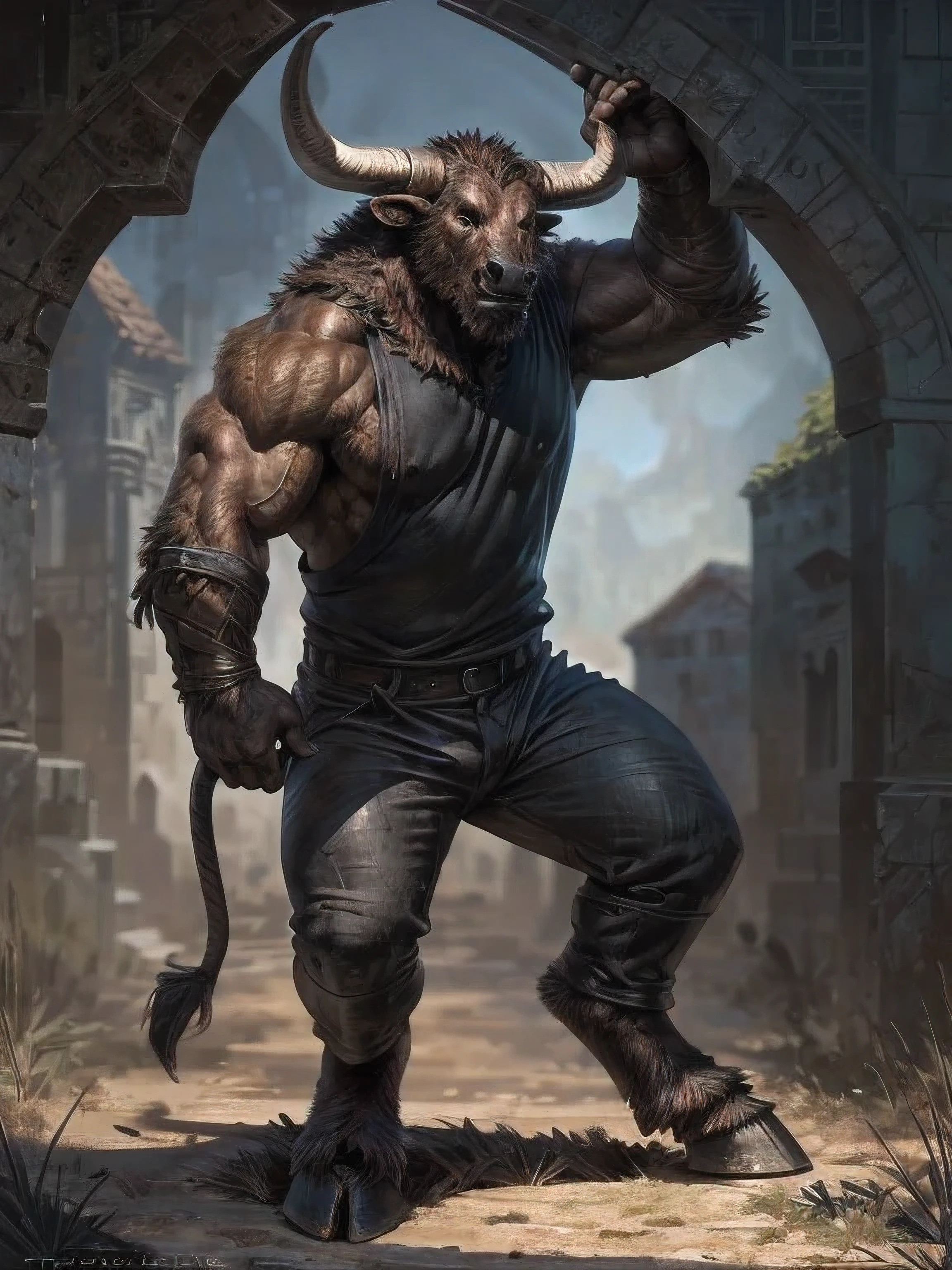 full body, minotaur, brown fur, high detail, dark fantasy, (by taran fiddler, by tojo the thief), wearing black henley shirt, sleeves rolled up, dark brown leather pants, hooves, no deformed hands