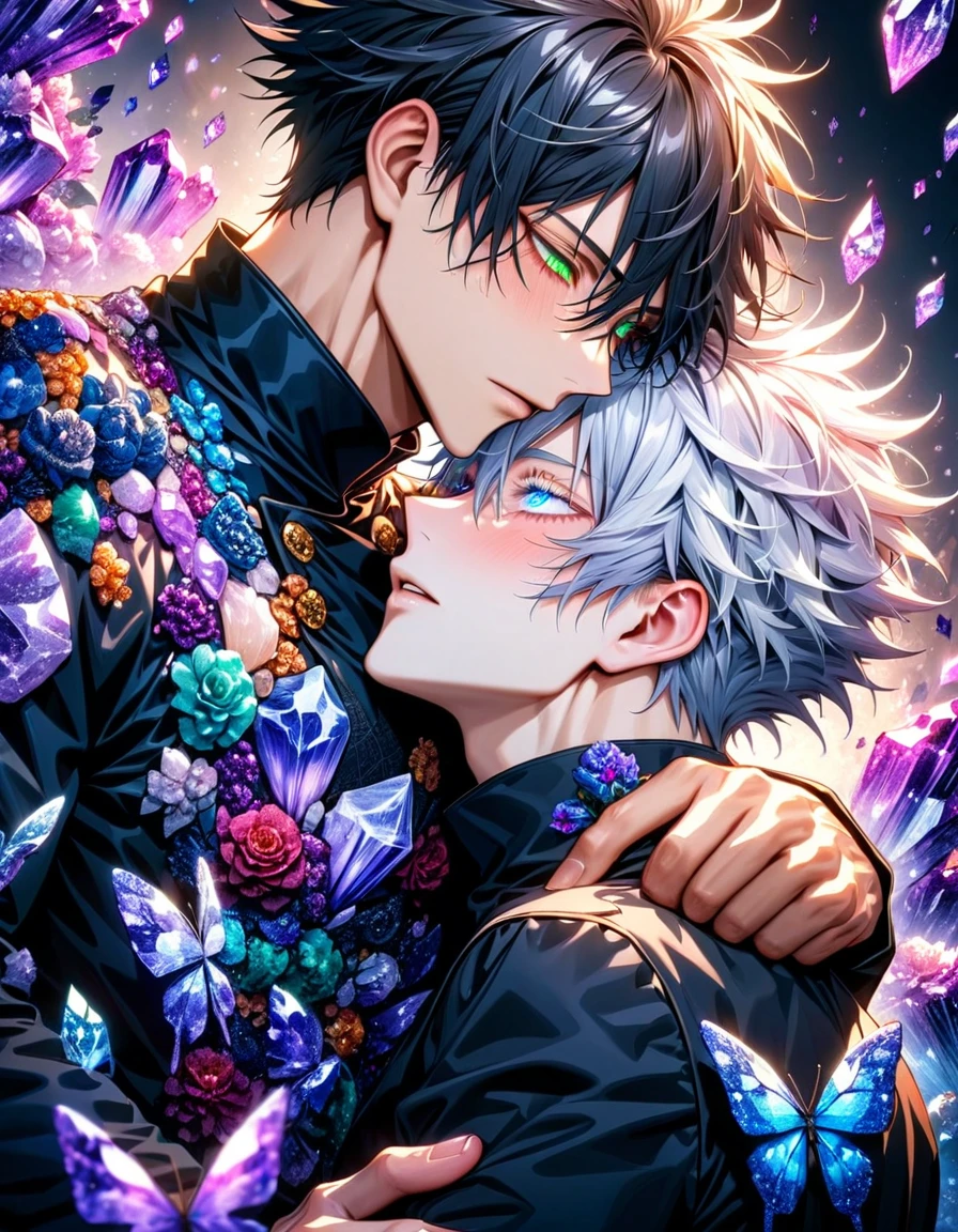 Ultra detailed, Highres, absurdres, HDR, master piece, Gojo Satoru, white hair with bangs, expressive blue eyes, white eyelashes, hair between the eyes, Fushiguro Megumi, black hair, expressive green eyes, Jujutsu Kaisen, black long coat with patterns, purple ice flowers, petals, extremely handsome, two sexy man together, gay couple, yaoi, love, extremely detailed eyes and face, purple ice, purple ice glittering butterflies, black shirt, glittering, glittering eyes,