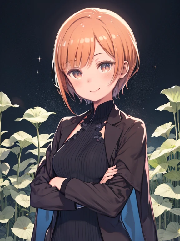 alone, One girl, Arms crossed, smile, blush, Medium chest, Orange Hair, Pixie Cut, Silver Eyes, Beautifully detailed face, Highly detailed eyes, Dark brown overcoat, Sparkling Light, Zanedeschia \(flower\), flowerの背景