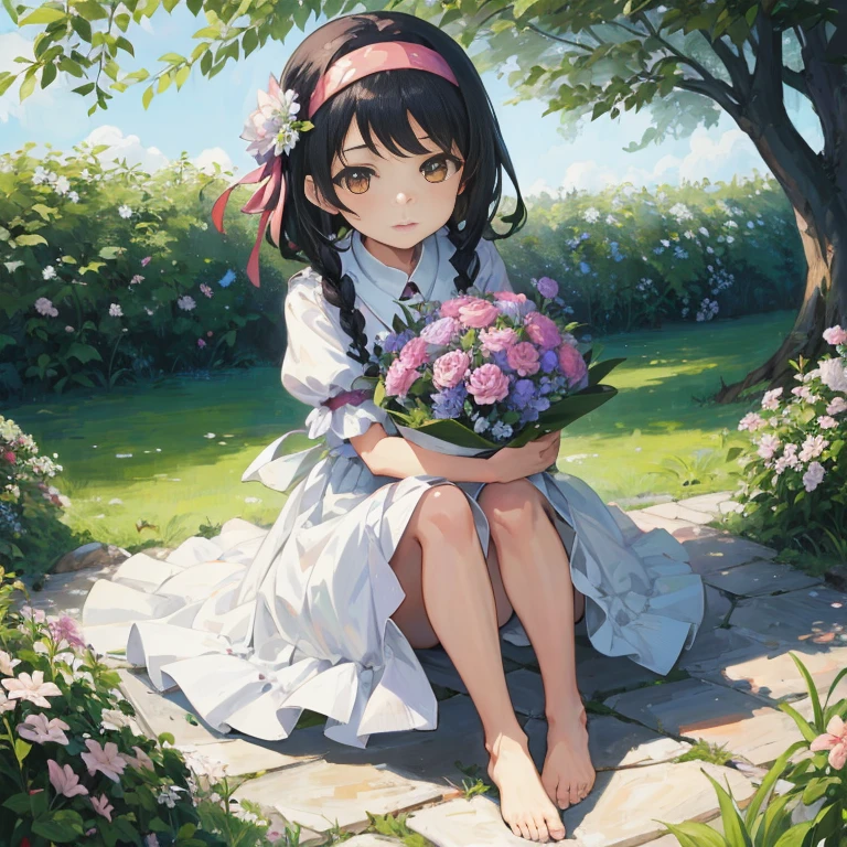 Anime girl sitting on a stone path with a bouquet of flowers, with flowers, guweiz, sitting with flowers, artwork in the style of guweiz, guweiz on pixiv artstation, anime moe art style, official artwork, Holding flowers, guweiz on artstation pixiv, Official art, Anime visuals of cute girls, high quality portrait