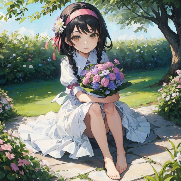 Anime girl sitting on a stone path with a bouquet of flowers, with flowers, guweiz, sitting with flowers, artwork in the style of guweiz, guweiz on pixiv artstation, anime moe art style, official artwork, Holding flowers, guweiz on artstation pixiv, Official art, Anime visuals of cute girls, high quality portrait