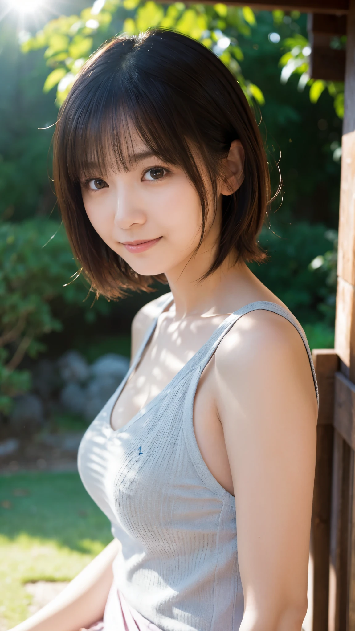 (highest quality,masterpiece:1.3,Ultra-high resolution),(Super detailed,Caustics,8k), (Photorealistic:1.4, RAW shooting),Backlight,sunshine,blue sky,Japanese garden,Japanese,20-year-old,smile,Natural brown short hair,(Short-sleeved tops),Big Breasts,(Bust up shot),Natural light,Lens flare,Low position,Low - Angle