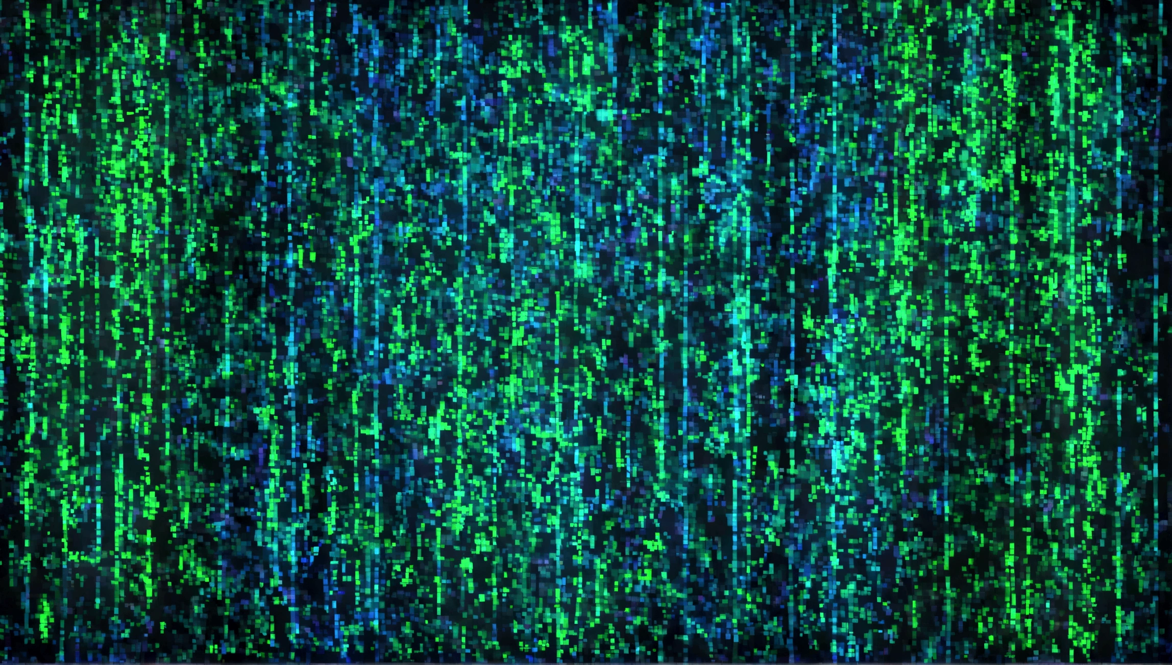 Contemporary art that expresses the development of artificial intelligence and its technology. The truth is clear, The room is blue. Matrix code written on the wall. Neon Painting. UHD screen is like watching characters in the Matrix algorithm. Entities seen as disembodied code. Colorful neon environment, Letters are not physical entities.、It's just the green of the code language matrix.