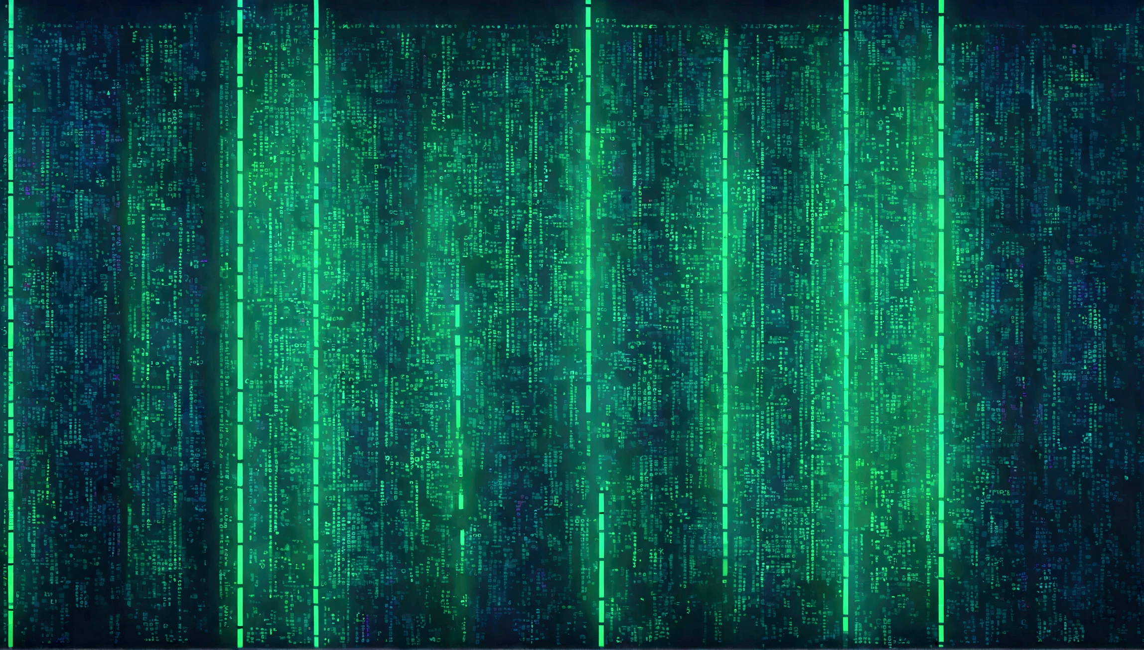 Contemporary art that expresses the development of artificial intelligence and its technology. The truth is clear, The room is blue. Matrix code written on the wall. Neon Painting. UHD screen is like watching characters in the Matrix algorithm. Entities seen as disembodied code. Colorful neon environment, Letters are not physical entities.、It&#39;s just the green of the code language matrix.