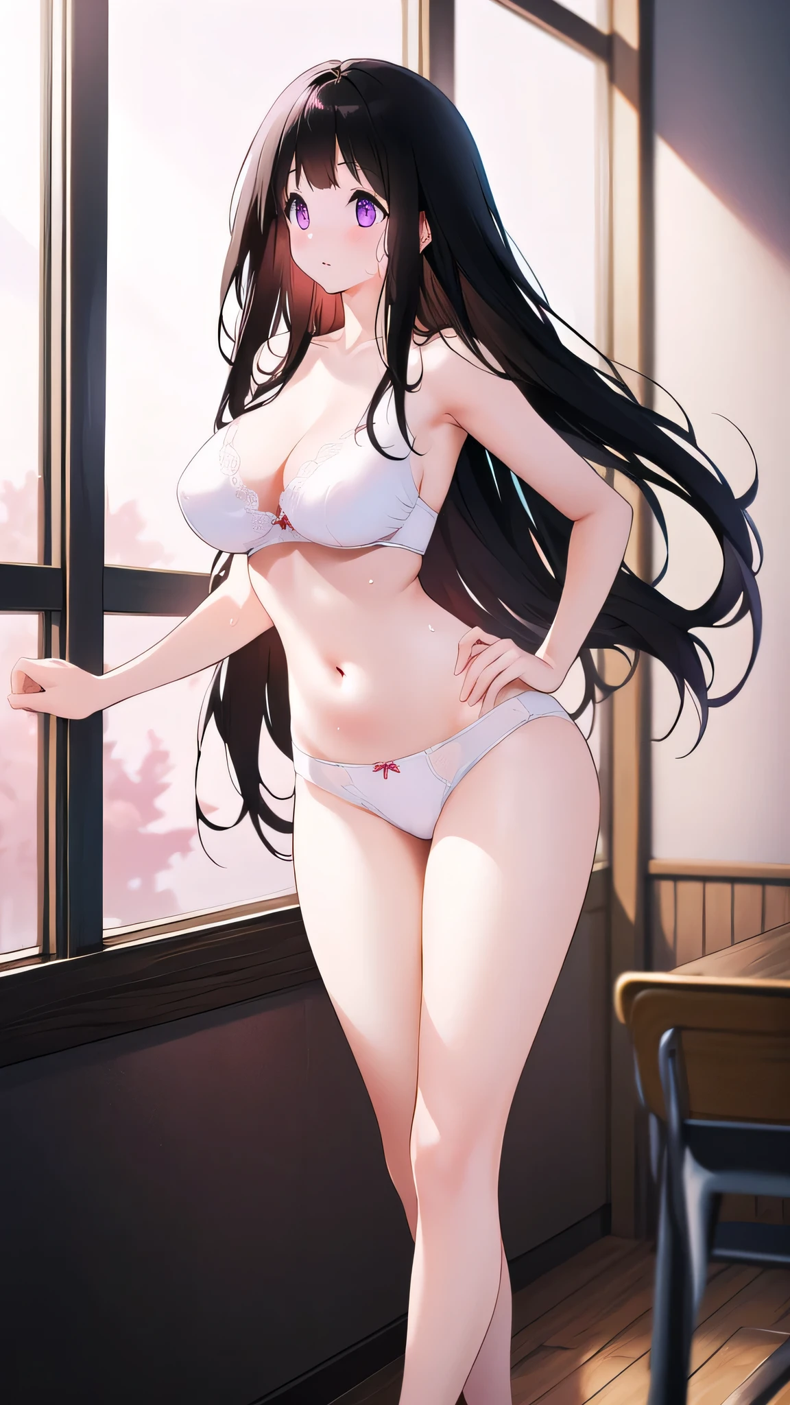 Beautiful Chitanda,There is only one beautiful girl,Purple Eyes, Black Hair, Natural straight hair, Straight bangs,Extremely refined,open your lips,Face is so red,Very white skin,Skin as delicate as porcelain,Glowing skin,big eyes,Flowing long hair,beautiful girl, Like a dream,Slim,Slim waist,Soft, (Sensual), (Kawaii), Dream quality,Standing in the classroom,window,Sweaty and sweaty,Bend down,bend over,Hips,Profile,Side breasts,Underwear Rain,Completely naked,Gluteal groove,Completely naked back,nacked hip,Bare belly,very close,Deep V neckline,Loose neckline,Beautiful big breasts,No pants,Delicate clavicle,Delicate hands and feet,Bare neck,There is no decoration on the neck,Bare thighs,Exposing the groin,Camel toe,extremely shy,Ultra-high resolution, (masterpiece:1.2, best quality), (Delicate and beautiful eyes: 1.2), (Beautiful and delicate face)