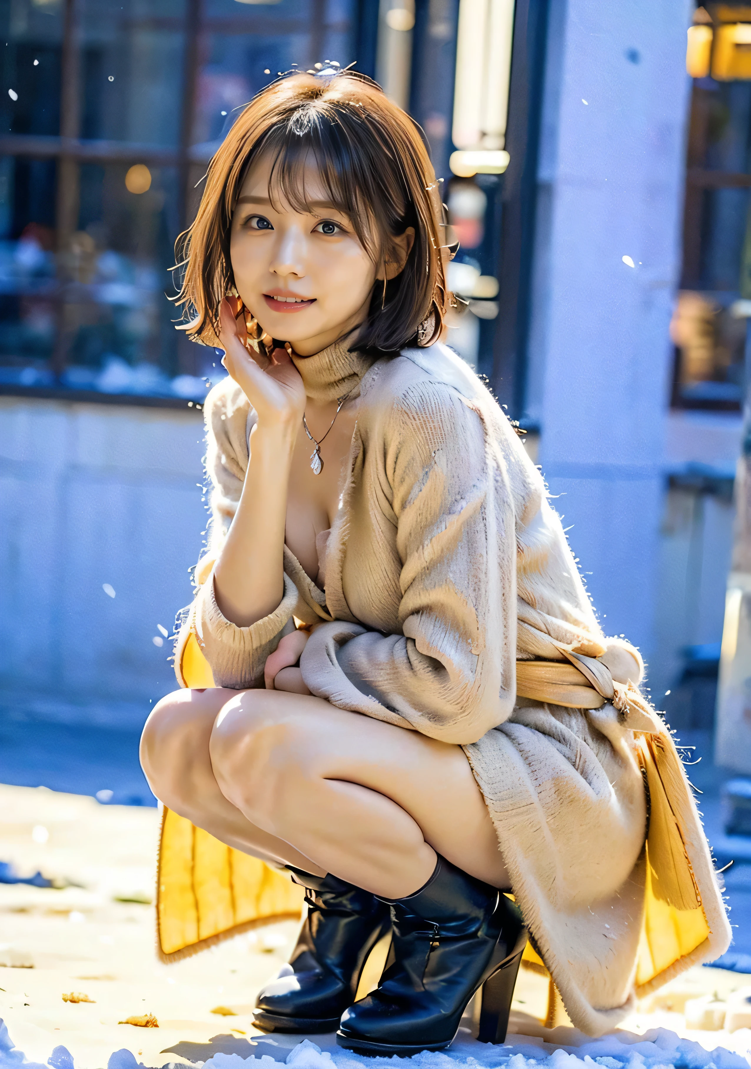 Outdoor、A luxurious grey mink coat with fur、Wearing leather boots、A luxurious bag、The inner turtleneck、Silver necklace and small silver earringillionaire Style:1.4））、Full body photo、smile、 Caustics、Highly detailed photos、Very beautiful woman 、Ample breasts、No makeup、(8k、RAW Photos、highest quality、masterpiece:1.2)、(Realistic、Realistic)、1 girl、((Medium Short Hair、Midwinter、Cold region Snow is falling、The wind is blowing、Fluttering Hair、Background Bokashi、Colorful illumination、Looking into the camera:1.4))、
