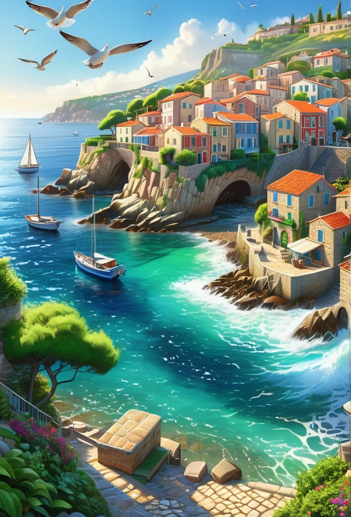 a beautiful seaside town, coastal landscape, sunlit beach, rocky cliffs, waves crashing on shore, sailboats in the distance, seagulls flying overhead, lush green foliage, cobblestone streets, colorful fishing boats, intricate architecture, warm Mediterranean atmosphere, glimmering azure ocean, dynamic lighting, photorealistic, cinematic, concept art style