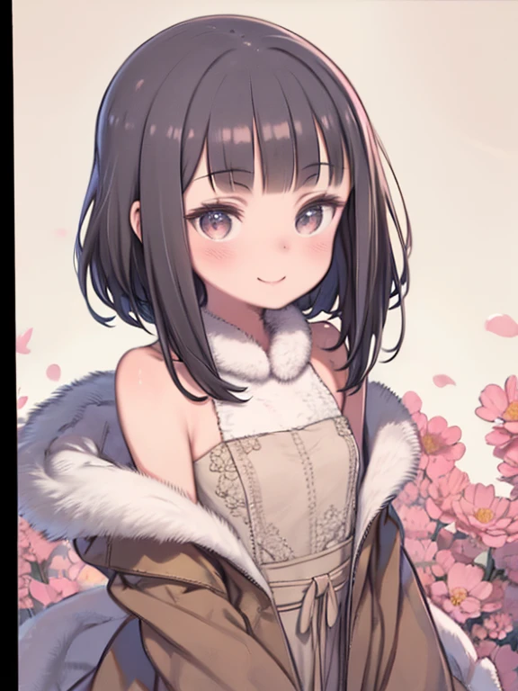 alone, One girl, Arms at your sides, smile, blush, Medium chest, Dark gray hair, Blunt bangs, Beige eyes, Beautifully detailed face, Highly detailed eyes, Orange fur-trimmed coat, Dim Light, pink_mink \(flower\), flowerの背景