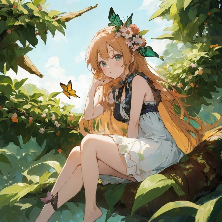Anime girl sitting on a tree branch with butterfly in hand, anime lush john 8k woods, Beautiful anime girl, anime style 4 k, High quality anime art style, Beautiful anime, anime nature, Cute anime waifu in a nice dress, Anime Girl with Long Hair, pretty anime girl, painted in anime painter studio, kawacy