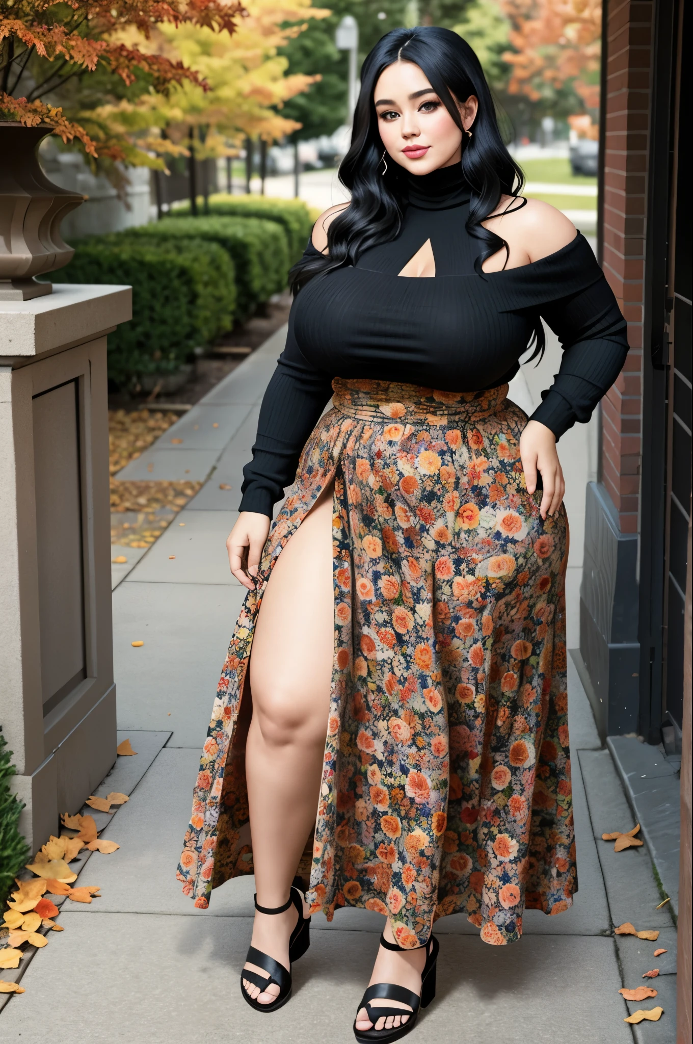 ((Masterpiece, best quality,edgQuality)), smug,smirk,
edgADC_fashion,
long dress, autumn leaves print,sandals,off shoulder turtleneck
,wearing edgADC
(big booty) (face here) Plus size bbw big , (wide booty)insanely inflated hips,Thick body ,fat body , curve shap body, widest hips , thick hips ,widest breast, thick breast
