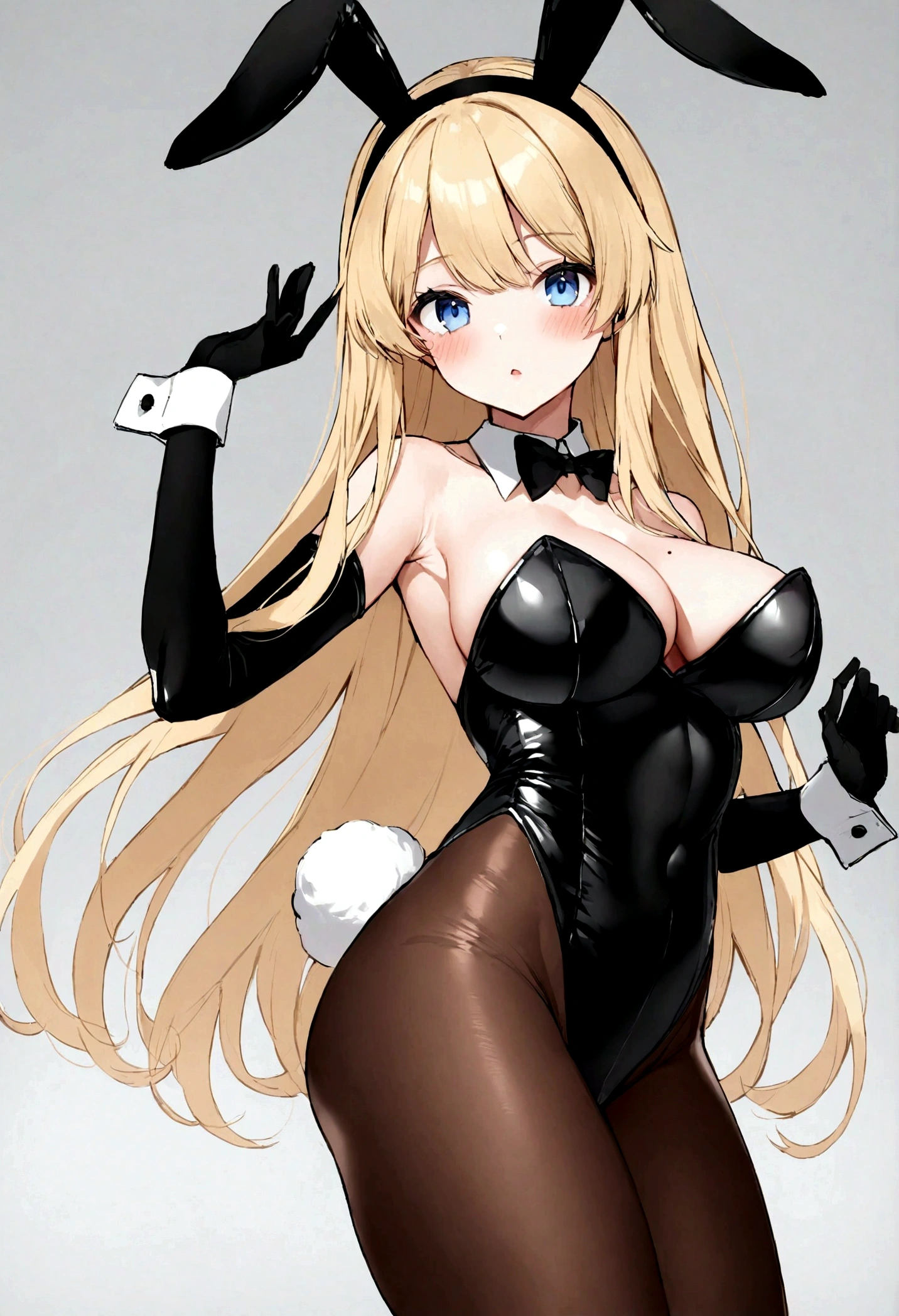 slender, mature female,animal_ears, bunnysuit, bunny_ears, pantyhose, gloves, 1girl, rating:safe, bunny_tail, bow, detached_collar, long_hair, bowtie, strapless, black_gloves, breasts, leotard, fake_animal_ears, black_leotard, blue_eyes, fake_tail, tail, wrist_cuffs, brown_legwear, blonde_hair, strapless_leotard, large_breasts, bunny_girl, solo, bare_shoulders, elbow_gloves, looking_at_viewer, cleavage, hairband, cowboy_shot, black_neckwear, parted_lips, mole_on_breast, black_bow, standing, black_hairband, detached_sleeves, eyebrows_visible_through_hair, bangs, black_legwear, thighs, highleg, mole, blush, collarbone, wing_collar very_long_hair,