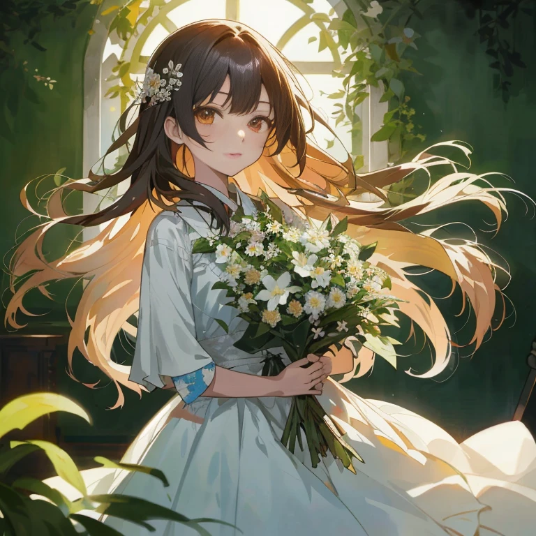 anime girl with long hair holding a bouquet of flowers, guweiz, guweiz on pixiv artstation, with flowers, guweiz on artstation pixiv, in dress, anime moe art style, Rin, Beautiful Anime Portrait, Cute anime waifu in a nice dress, kawacy, artwork in the style of guweiz