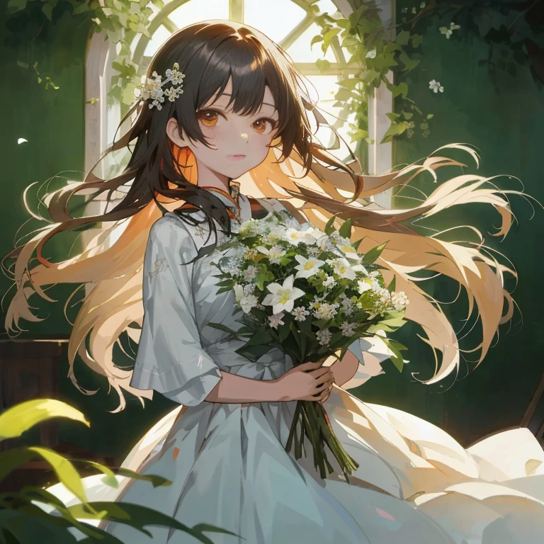 anime girl with long hair holding a bouquet of flowers, guweiz, guweiz on pixiv artstation, with flowers, guweiz on artstation pixiv,  in dress, anime moe art style, Rin, Beautiful Anime Portrait, Cute anime waifu in a nice dress, kawacy, artwork in the style of guweiz