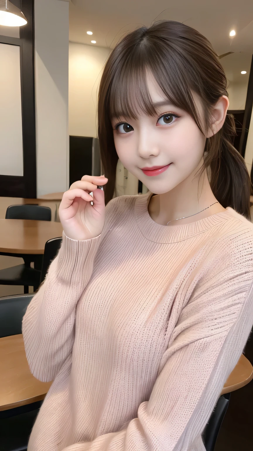 Tabletop, highest quality, figure, Super detailed, In detail, High resolution, 8k wallpaper, Perfect dynamic composition, Beautiful fine details, Wearing a pale pink sweater, ponytail,Brown Hair Color ,Small breasts, Natural color lip, Random and cute poses,Random Situation,Slender body,Narrow Face,Big smile