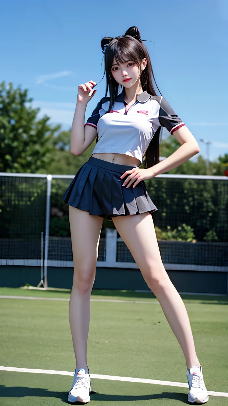 (Very delicate and beautiful:1.2)super model,,Big Breasts,Beautiful breasts,voluptuous,【bike shorts】,,【3girls】,,highest quality, High resolution, 8K,Kick in a hurry,Tennis Wear.mini skirt