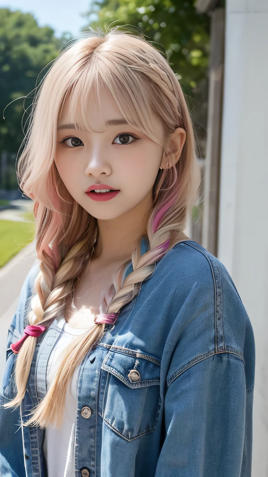 Pale, tanned skin、Sunburn marks on tanned skin、Multicolored Hair、Pink Hair,blonde,Platinum Hair,Brown Hair、A cute 20-year-old girl with a cute look, A strong wind blows my hair in front of my face、beautiful long blonde braided hair、beautiful, Cute eyes hidden by long bangs、Yawn、Double teeth、No visible nasolabial folds、