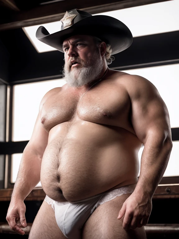 Only plump, chubby, extremely thick thighs, large belly, fat, masutepiece,High quality,Highly detailed,intense scene, solid, Gritty reality setting for 50 year old sexy fat bearded man,full of sweat,Full body,Big belly,((Wearing a white shirt and white trunks)),Stunned face,Open the legs,In the darkness, Varied Camera Angles in Photography.    with a black cowboy hat, naked, vintage posing, full body, black bootstraps and lace underwear, various poses, HD 8k high quality, gay, black leather gloves on hands.(from the front), cowboy shot, n as a sheriff of a small town, (wearing sheriff uniform and badge), cattleman hat, bearded, beige vest, serious facial expression, (still from a movie), tense, dramatic, atmospheric, cinematic, (looking away),
(masterpiece), top quality, photorealistic, hyperrealism, absurdres, tack sharp, subsurface scattering, 8k, HDR, 35mm, professional photography, RAW,