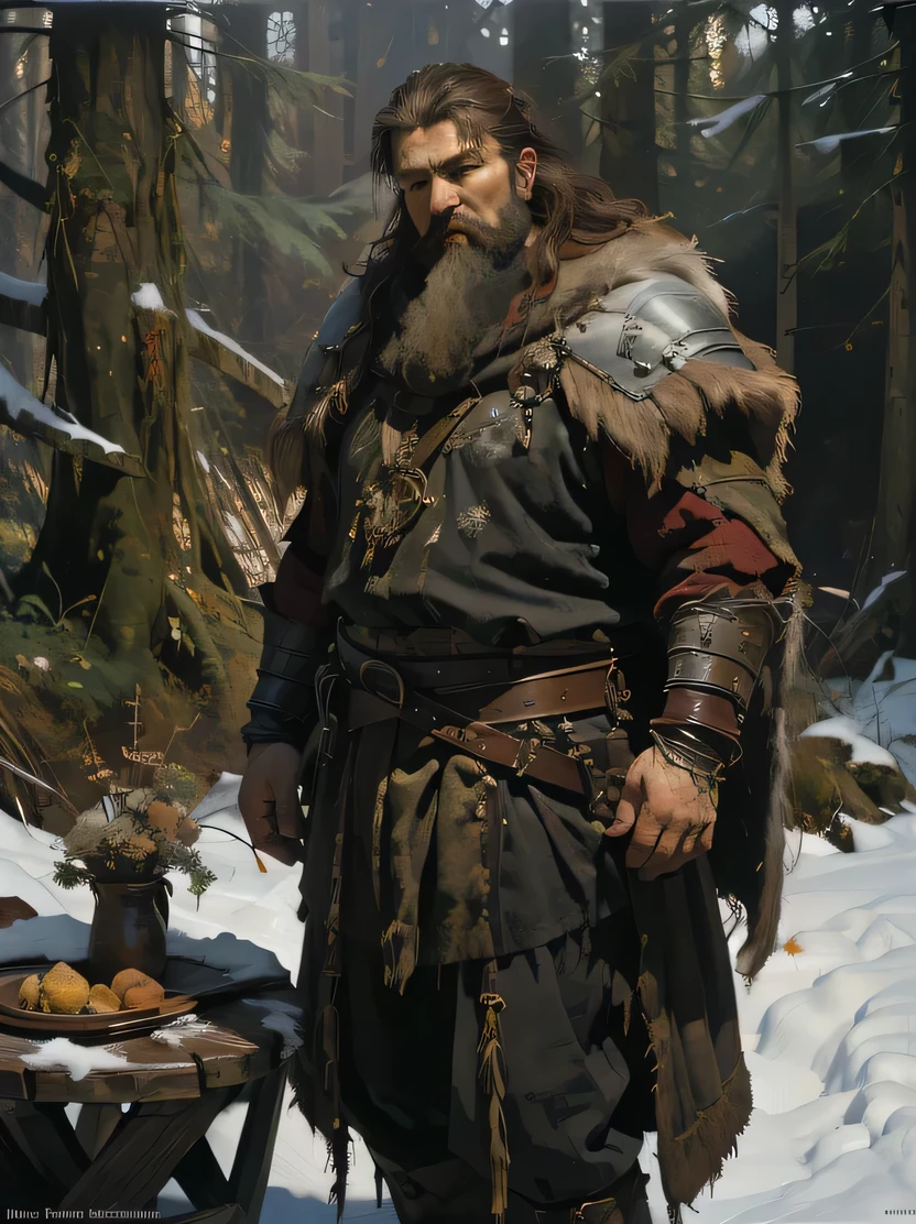 ((masterpiece, highest quality, Very detailed, High resolution, Sharp focus)), The most beautiful dungeons&Dragons artwork, Fantasy Dwarf, Short and chubby, Standing barefoot, Bearded, Pointed Ears, Red round nose, Thigh hair, Winter coat with leather belt around the waist, Leather pouch, holding a wizard's wand made of wood, Mid Shot, background: Midday Sun, sunny, Winter forest, Snow covered ground, wood, Art style by Donato Giancola and Patrick J. Jones, oil painting