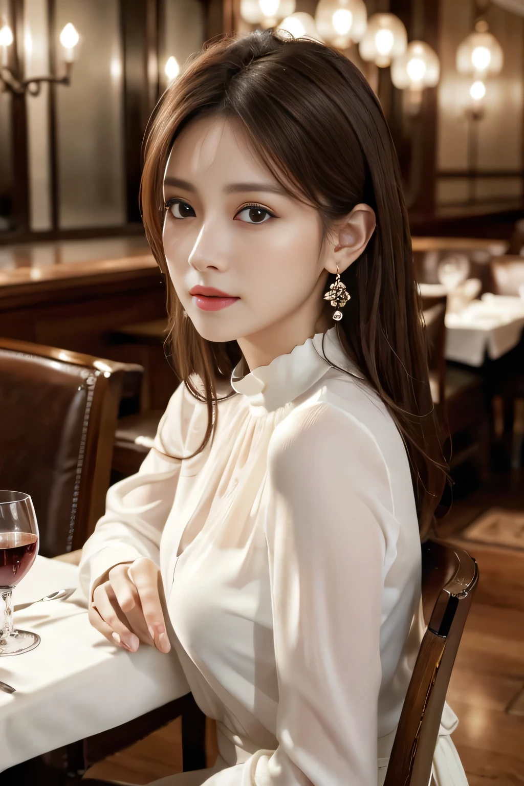 masterpiece, highest quality, Realistic, Very detailed, Finer details, High resolution, 8k wallpaper, One beautiful woman, Wear an elegant white see-through blouse, In a great restaurant, At night, Light brown messy hair, Perfect dynamic composition, Beautiful and beautiful eyes、Big earrings、Sitting in a chair、