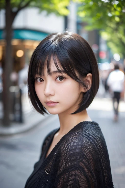 (High resolution:1.3), (16k, Photorealistic, Raw photo, Best image quality: 1.4), Japanese, (One Girl), Beautiful Face, (A vivid face), (Black-haired、short hair:1.3), Beautiful Hairstyles, Realistic eyes, Beautifully detailed eyes, (Realistic Skin), Beautiful skins, attractive, 超A high resolution, Surreal, High detail, Golden Ratio, Highly detailed cute girl,(20-year-old), Tokyo、Omotesando、Daytime、Detailed Background、(Many passers-by:2.0、Detailed face、Well-formed face), Expose、Changing clothes