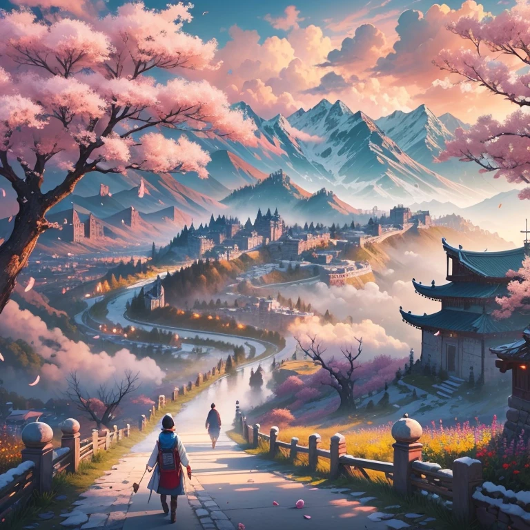 Snow Capped Mountain々and green grassland,A Western walled city in the center of the screen、Road to the walled city、There are trees on both sides of the road、Traveler walking on the road、Flowers Bloom,sun,Baiyun,blue sky,During the day,dawn,黄金色のsunの光, Highly detailed 8K digital art,Rizhao Jinshan desktop wallpaper, Magnificent dreamlike scenery, 4K HD Matte Digital Painting, 8k HD Wallpaper Digital Art