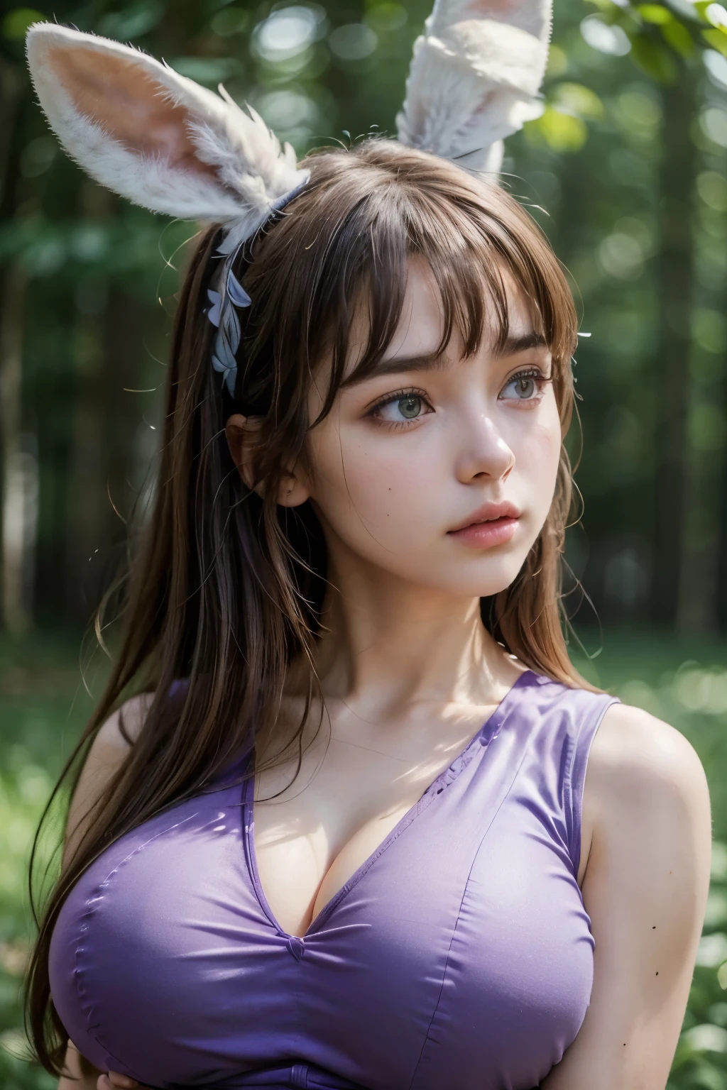 (a beautiful girl with rabbit ears), long messy brown hair, head tilted, (best quality,4k,8k,highres,masterpiece:1.2),ultra-detailed,(realistic,photorealistic,photo-realistic:1.37),intricate, detailed portrait,8K,((masterpiece)), ((best quality)), (ultra-detailed), High detail, professional photograph, highest quality, floating hair, beautiful detailed, (((realistic))), hyper realistic character,natural lighting ,beautiful detailed eyes,1girl, solo,blunt bangs, realistic, (sleeveless tight purple dress so tight that it sticks to the body:1.3),((big breasts:1.5)),((side view))