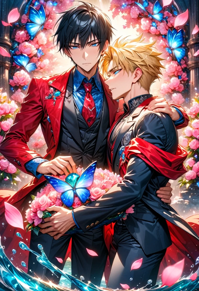absurdres, highres, ultra detailed, HDR, master piece, best quality, Nicholas D Wolfwood, black hair, expressive dark blue eyes, Trigun, Vash Stampede, blonde hair, expressive blue eyes, two sexy men together, gay couple, yaoi, handsome, black jacket, red coat, magical, fantasy, shining, radiant, pink flowers, pink blossoms, pink butterflies, pink petals, water