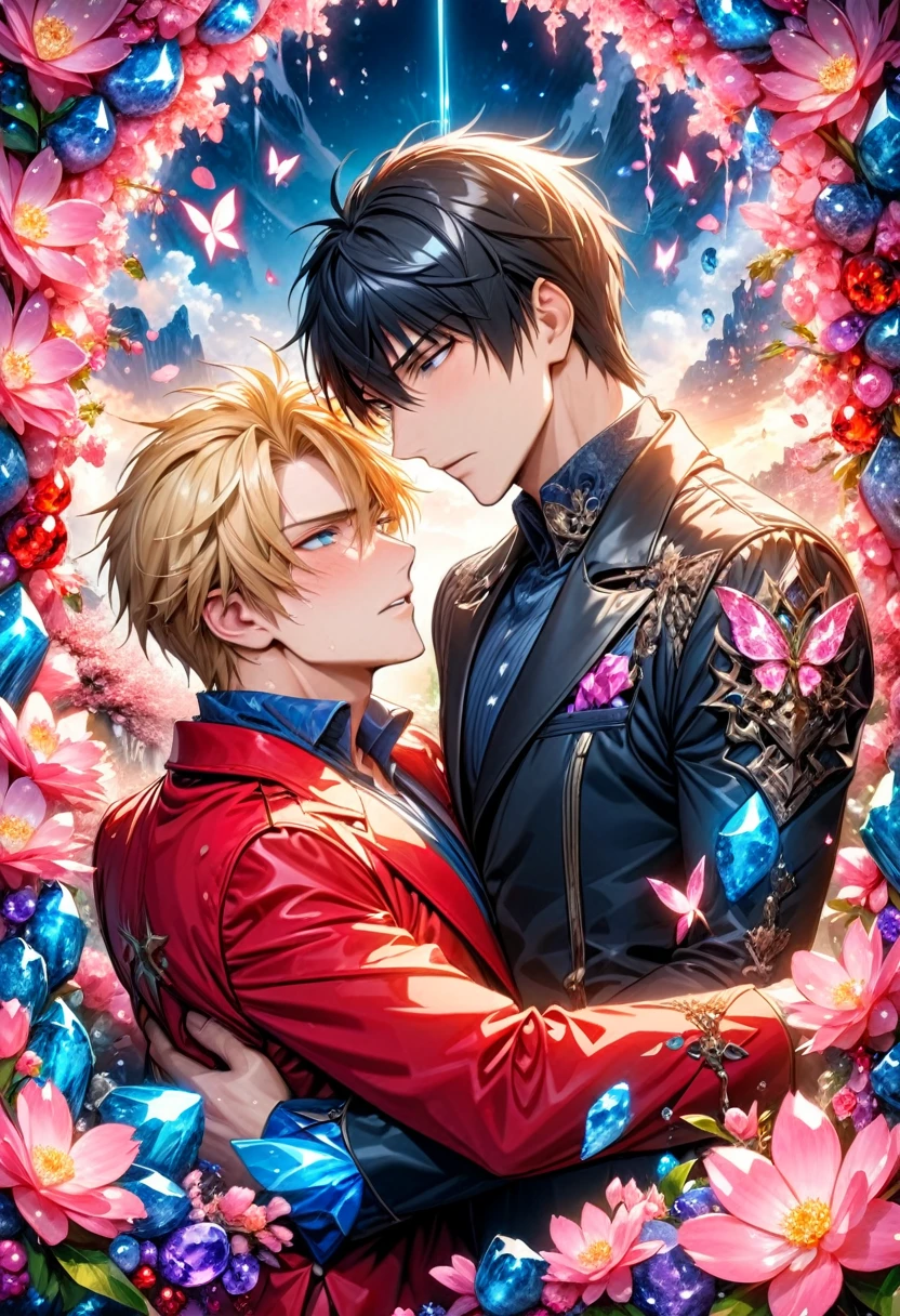 absurdres, highres, ultra detailed, HDR, master piece, best quality, Nicholas D Wolfwood, black hair, expressive dark blue eyes, Trigun, Vash Stampede, blonde hair, expressive blue eyes, two sexy men together, gay couple, yaoi, handsome, black jacket, red coat, magical, fantasy, shining, radiant, pink flowers, pink blossoms, pink butterflies, pink petals, water