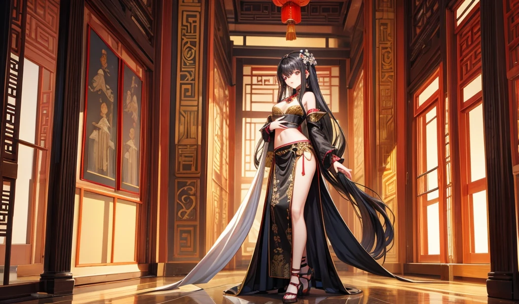 Black long straight twelve year old girl,hairpin,flat chest,cleavage,Thong,imperial concubine clothing,Long skirt,,Chinese Palace