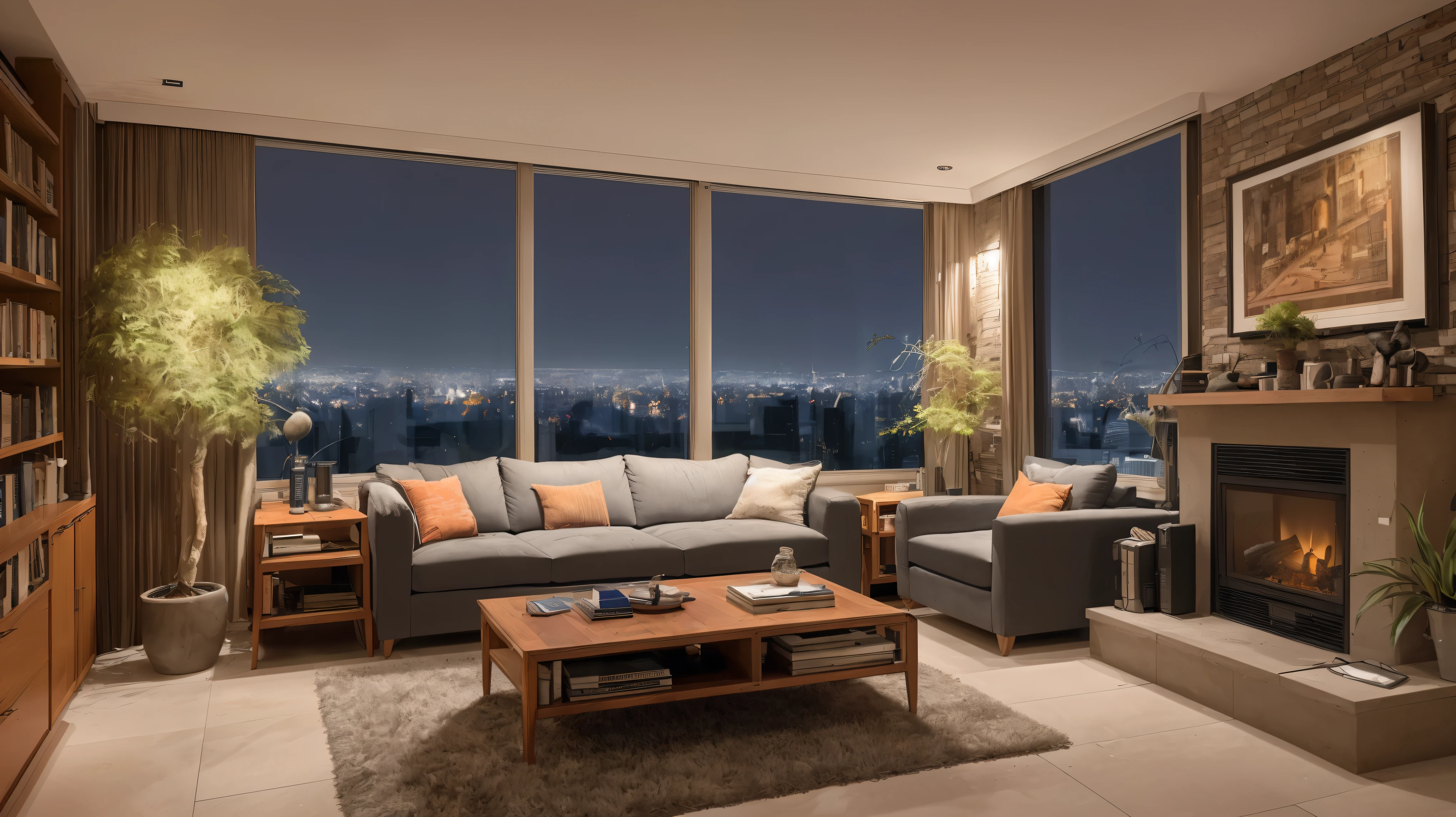 Wide-angle,Sharp focus,4K,8k,12k,RAW Photos,Sony α7siii,17mm,masterpiece,Award-winning architecture photography,Art Station,Intricate details,Accurate, break (interior:1.5),Inspired by Frank Lloyd Wright,(Cozy living room:1.5),Billion Dollar House,cozy and inviting interior,Well-equipped,Hundreds of books,Bookshelf,plant,scientific instruments,Spotless,ambient interior lighting,Comfortable design,Large windows,Dystopian city view,Natural light, break futuristic dystopian city exterior,(night:1.5),There is a large TV set,Large fireplace,High ceilings,