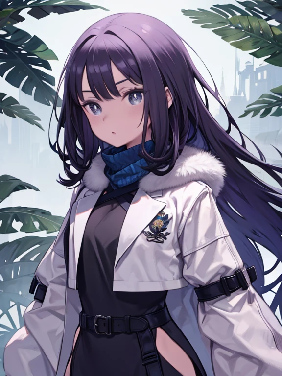 Fern Winter, Purple pupils, Long Hair, Half Up, Blue scarf, Black Dress, White jacket, Fur trim, Cropped jacket, Black belt,