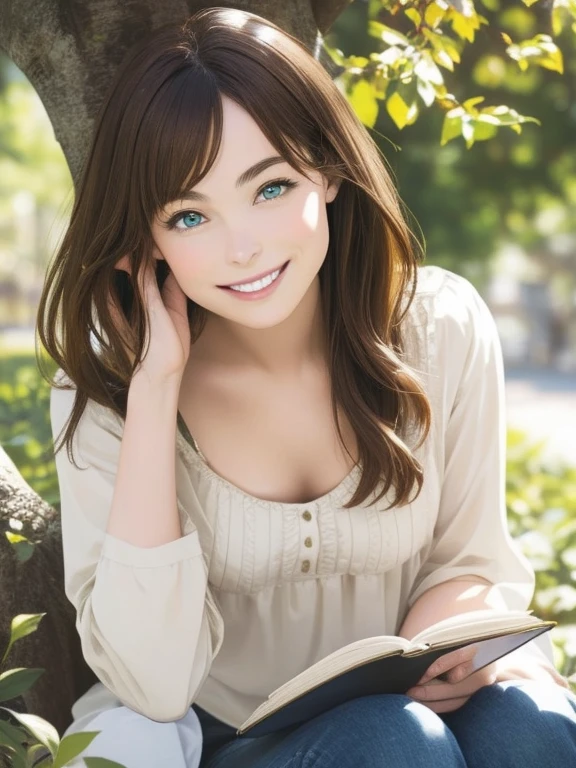 a beautiful young woman with bright brown hair, round green eyes, wearing a beige blouse and blue jeans, smiling while sitting under a tree and reading a brown book, ultra-realistic, photorealistic