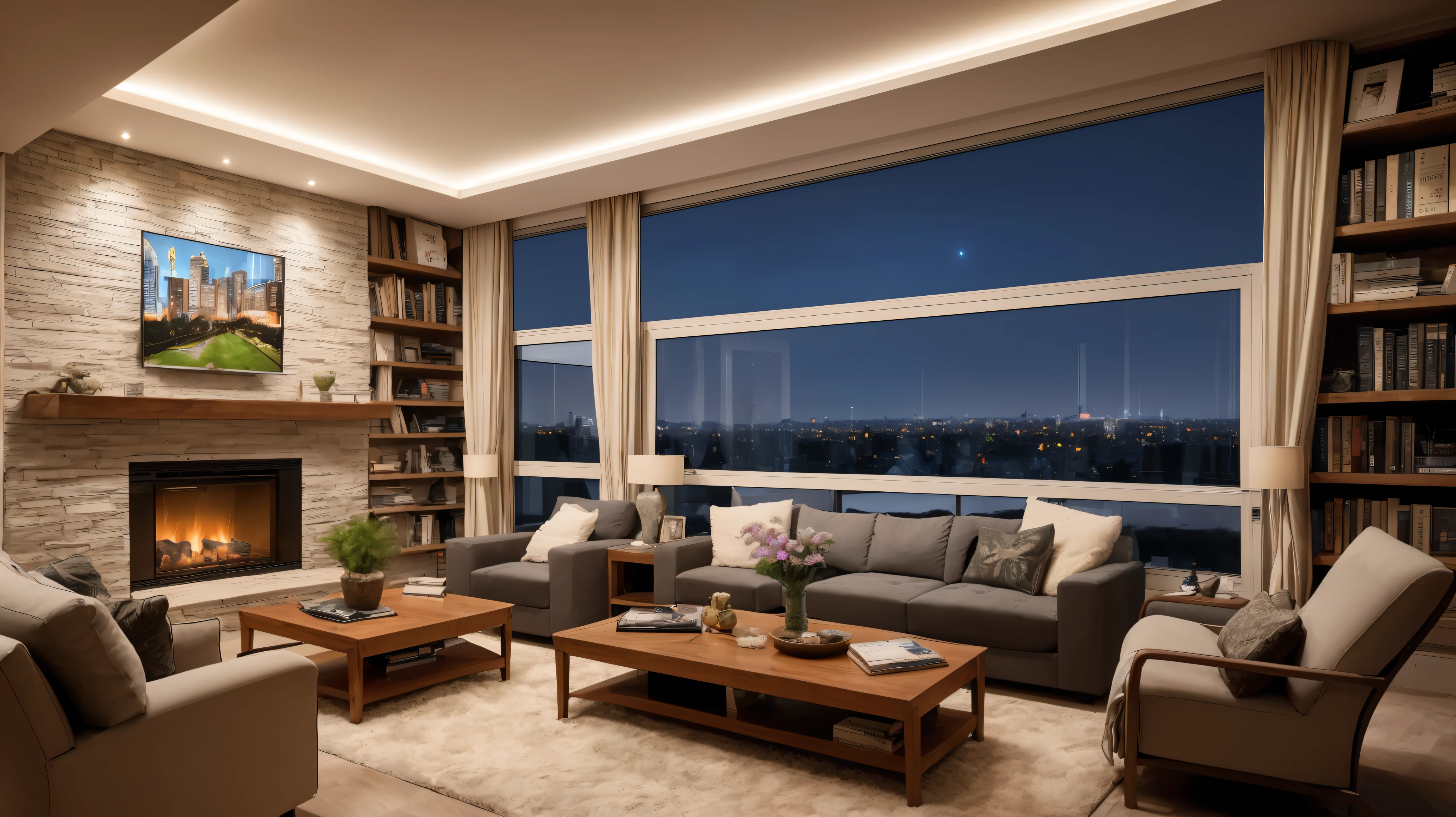 Wide-angle,Sharp focus,4K,8k,12k,RAW Photos,Sony α7siii,17mm,masterpiece,Award-winning architecture photography,Art Station,Intricate details,Accurate, break (interior:1.5),Inspired by Frank Lloyd Wright,(Cozy living room:1.5),Billion Dollar House,cozy and inviting interior,Well-equipped,Hundreds of books,Bookshelf,plant,scientific instruments,Spotless,ambient interior lighting,Comfortable design,Large windows,Dystopian city view,Natural light, break futuristic dystopian city exterior,(night:1.5),There is a large TV set,Large fireplace,High ceilings,
