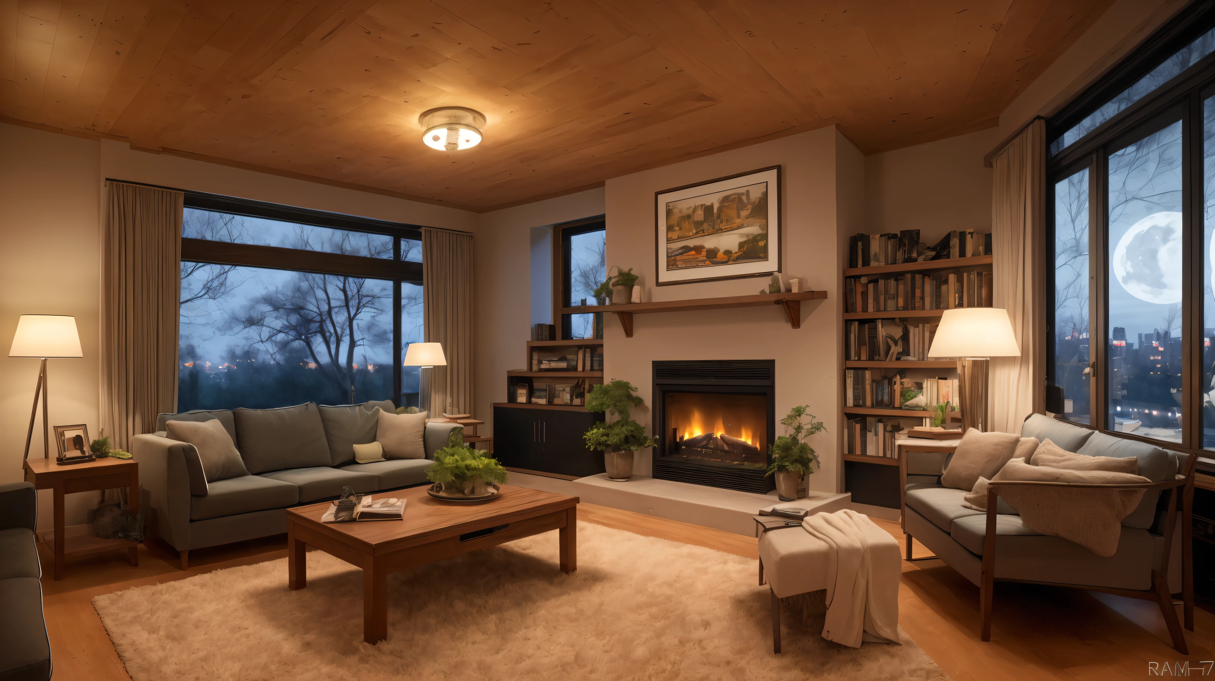Wide-angle,Sharp focus,4K,8k,12k,RAW Photos,Sony α7siii,17mm,masterpiece,Award-winning architecture photography,Art Station,Intricate details,Accurate, break (interior:1.5),Inspired by Frank Lloyd Wright,(Cozy living room:1.5),Billion Dollar House,cozy and inviting interior,Well-equipped,Hundreds of books,Bookshelf,plant,scientific instruments,Spotless,ambient interior lighting,Comfortable design,Large windows,Dystopian city view,Natural light, break futuristic dystopian city exterior,(night:1.5),There is a large TV set,Large fireplace,High ceilings,