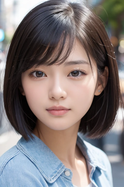 (High resolution:1.3), (16k, Photorealistic, Raw photo, Best image quality: 1.4), Japanese, (One Girl), Beautiful Face, (A vivid face), (Black-haired、short hair:1.3), Beautiful Hairstyles, Realistic eyes, Beautifully detailed eyes, (Realistic Skin), Beautiful skins, attractive, 超A high resolution, Surreal, High detail, Golden Ratio, Highly detailed cute girl,(20-year-old), Tokyo、Omotesando、Daytime、Detailed Background、(Many passers-by:2.0、Detailed face、Well-formed face),(Tuck up:1.3)