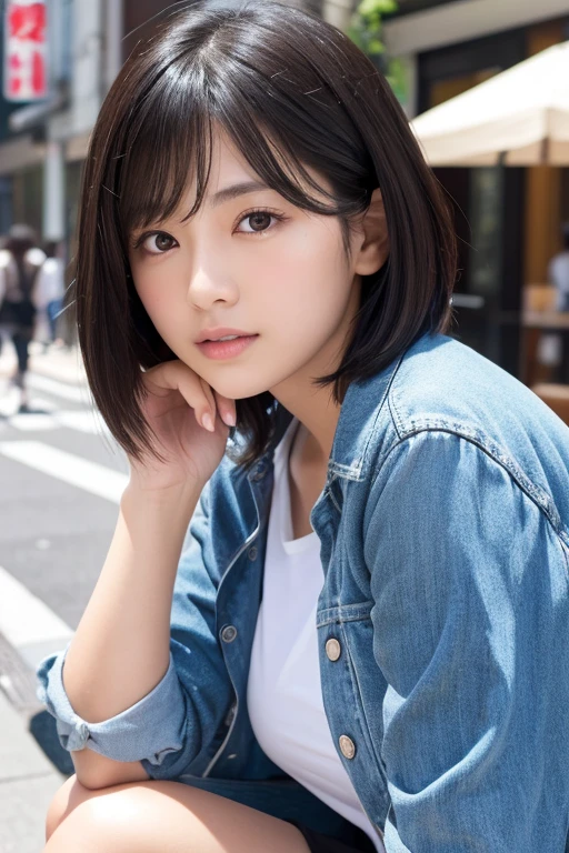 (High resolution:1.3), (16k, Photorealistic, Raw photo, Best image quality: 1.4), Japanese, (One Girl), Beautiful Face, (A vivid face), (Black-haired、short hair:1.3), Beautiful Hairstyles, Realistic eyes, Beautifully detailed eyes, (Realistic Skin), Beautiful skins, attractive, 超A high resolution, Surreal, High detail, Golden Ratio, Highly detailed cute girl,(20-year-old), Tokyo、Omotesando、Daytime、Detailed Background、(Many passers-by:2.0、Detailed face、Well-formed face),(Tuck up:1.3)