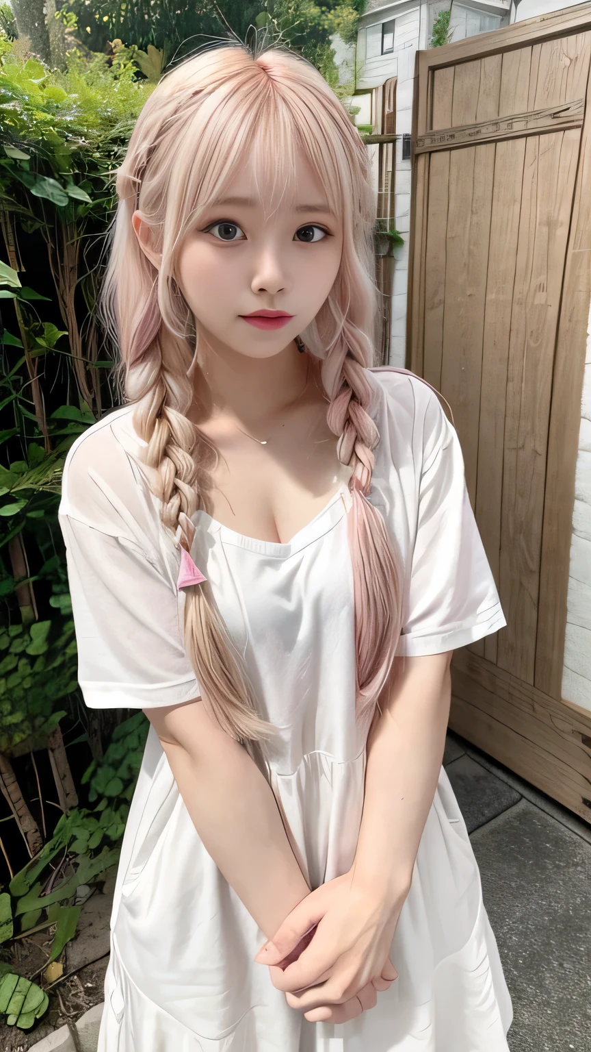 Pale, tanned skin、Sunburn marks on tanned skin、Multicolored Hair、Pink Hair,blonde,Platinum Hair,Brown Hair、A cute 20-year-old girl with a cute look, A strong wind blows my hair in front of my face、beautiful long blonde braided hair、beautiful, Cute eyes hidden by long bangs、Yawn、Double teeth、No visible nasolabial folds、