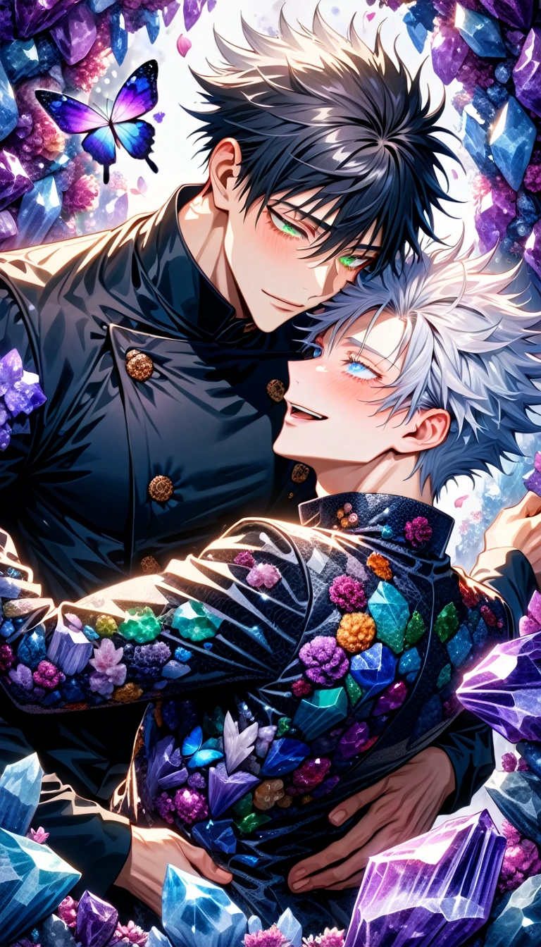 Ultra detailed, Highres, absurdres, HDR, master piece, Gojo Satoru, white hair with bangs, expressive blue eyes, white eyelashes, hair between the eyes, Fushiguro Megumi, black hair, expressive green eyes, Jujutsu Kaisen, black long coat with patterns, purple ice flowers, petals, extremely handsome, two sexy man together, gay couple, yaoi, love, extremely detailed eyes and face, purple ice, purple ice glittering butterflies, black shirt, glittering, glittering eyes, happy, black pants