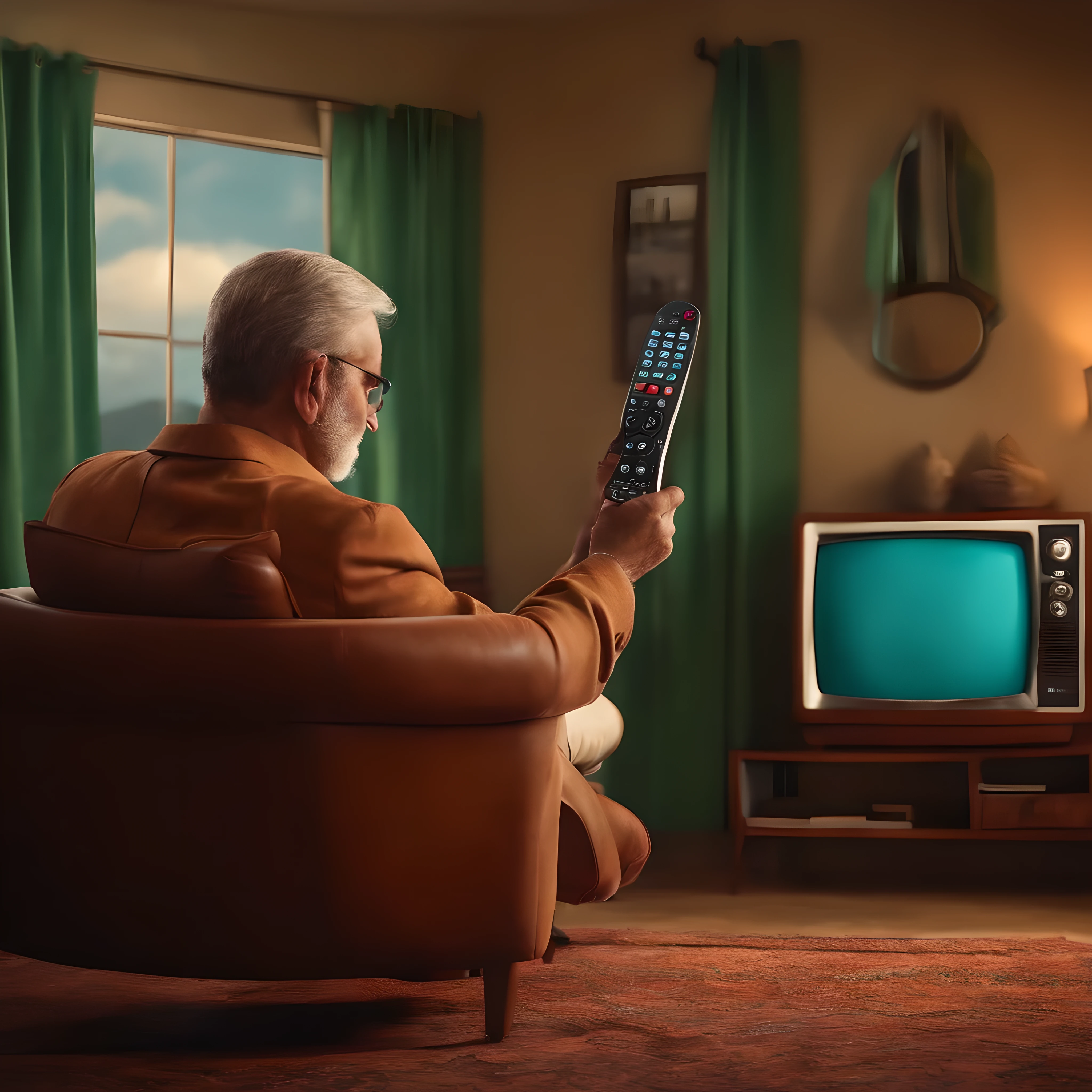 Coelho estiloso, sentado, with TV remote in hand, ligando a tv