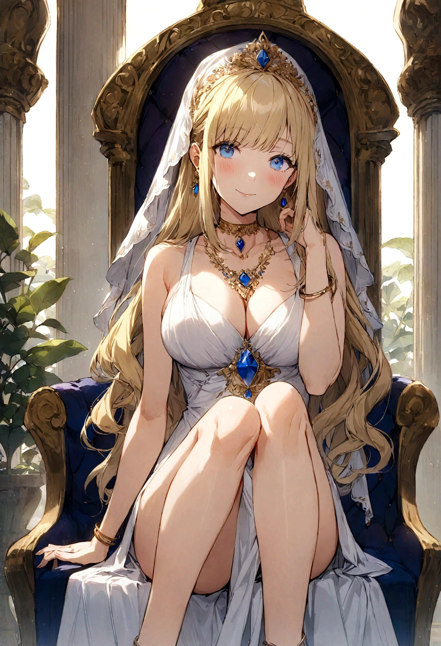 slender, mature female, jewelry, 1girl, breasts, rating:safe, earrings, long_hair, blue_eyes, dress, solo, blonde_hair, cleavage, large_breasts, sitting, looking_at_viewer, white_dress, smile, bangs, very_long_hair, bracelet, bare_shoulders, blush, veil, necklace, indoors, collarbone, day, eyebrows_visible_through_hair, gem, throne, choker, thighs, window, closed_mouth, sapphire_(gemstone), gold, hand_up, knees_up, sidelocks, bangle, sleeveless, pillar, sleeveless_dress, pendant