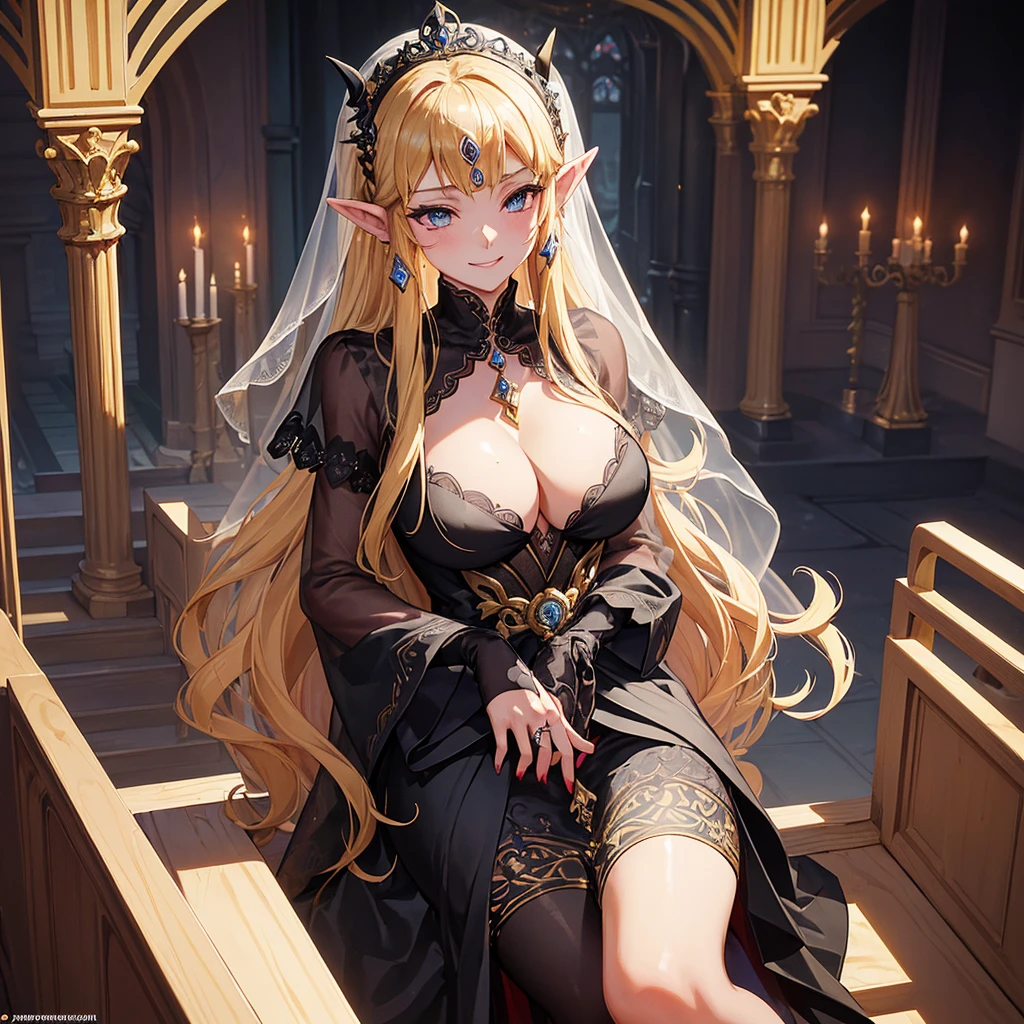 ((highest quality)), ((masterpiece)), (detailed), （Perfect Face）、((The woman is a sexy Princess Zelda with blonde hair, blue eyes, and a sexy Gerudo tribe. She is wearing a gorgeous, voluminous black wedding dress with gold embroidery, a black wedding veil, and a black wedding dress skirt, and she is wearing a black see-through wedding veil.))、The woman and the man embrace each other, kiss each other and have a lavish wedding in the luxurious church of the Gerudo Demon King.、The woman serves the Demon King as his queen.、The woman willingly offers herself to the demon king、She is a girl with a gentle expression who is in love with the Demon King and smiles lovingly at him.、((The woman&#39;s costume is red with gold embroidery and black accents.))、The woman clings to her beloved demon king、The king was a strong, dark-skinned, red-haired man known as the Demon King, Ganondorf.、Ganondorf, the Demon Lord of Darkness, and Zelda, the Demon Queen of Darkness, are wearing engagement rings.