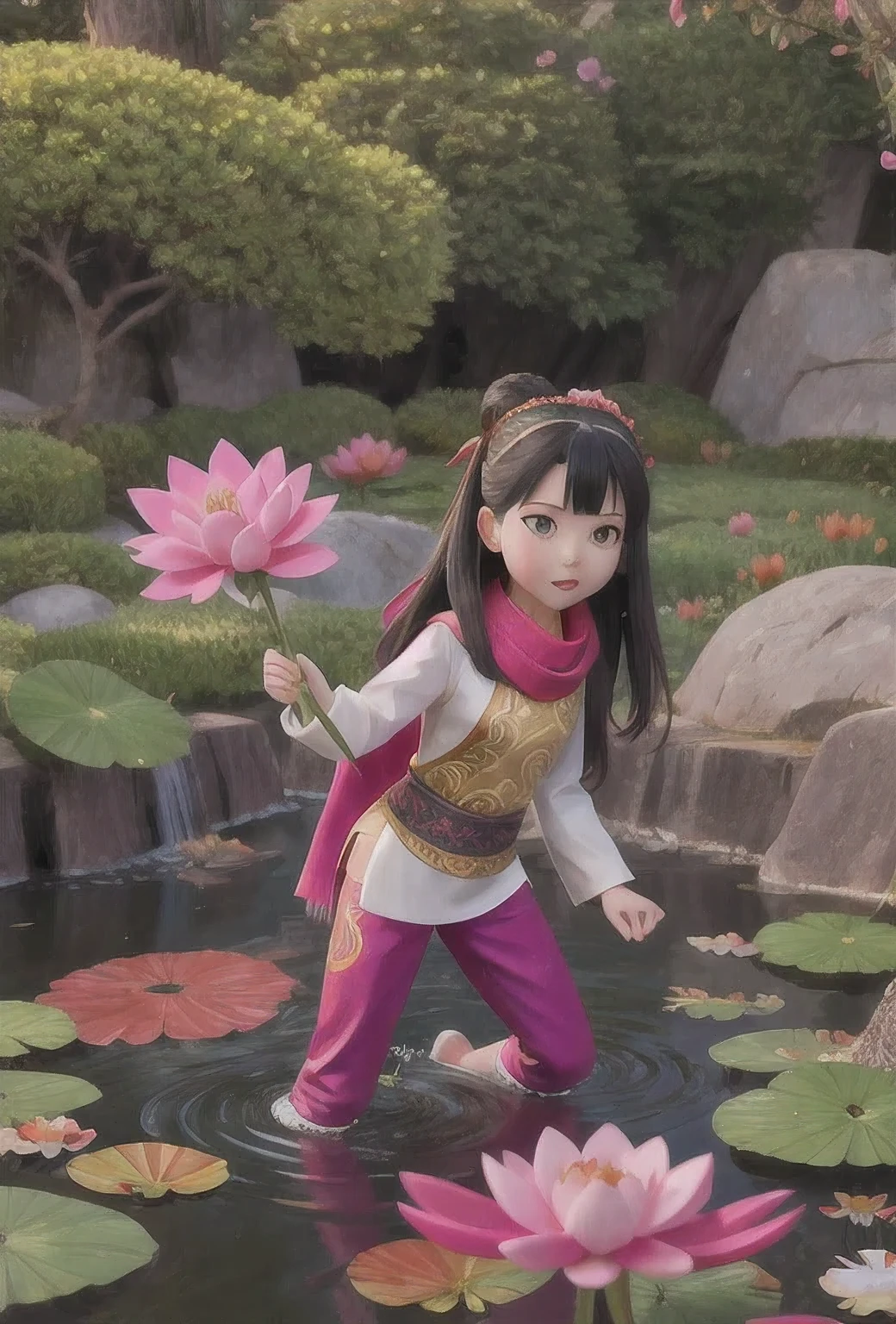 （Jay，HD，Ultra HD）long flowing dark hair，pond，Zidink， a color， （Concubine）， （Scarves）， Fighting Stance， Looking at the ground， Long gray hair， Flowing hair， Carp pattern headdress， Chinese style long sleeve clothing， （abstract ink splash：1.2）， Pink petals background，Pink and white lotus flowers flying（realistically：1.4），black hair，Fallen leaves fluttering，Background pure， high resolution， detail，photo， sharpie， Nikon film stock photo，do