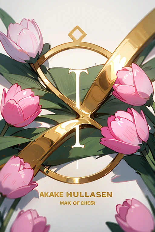 Make a white circle where the bottom part ends in pink tulips, the line of the circle is gold and has the name beautiful in the middle in a pretty letter.