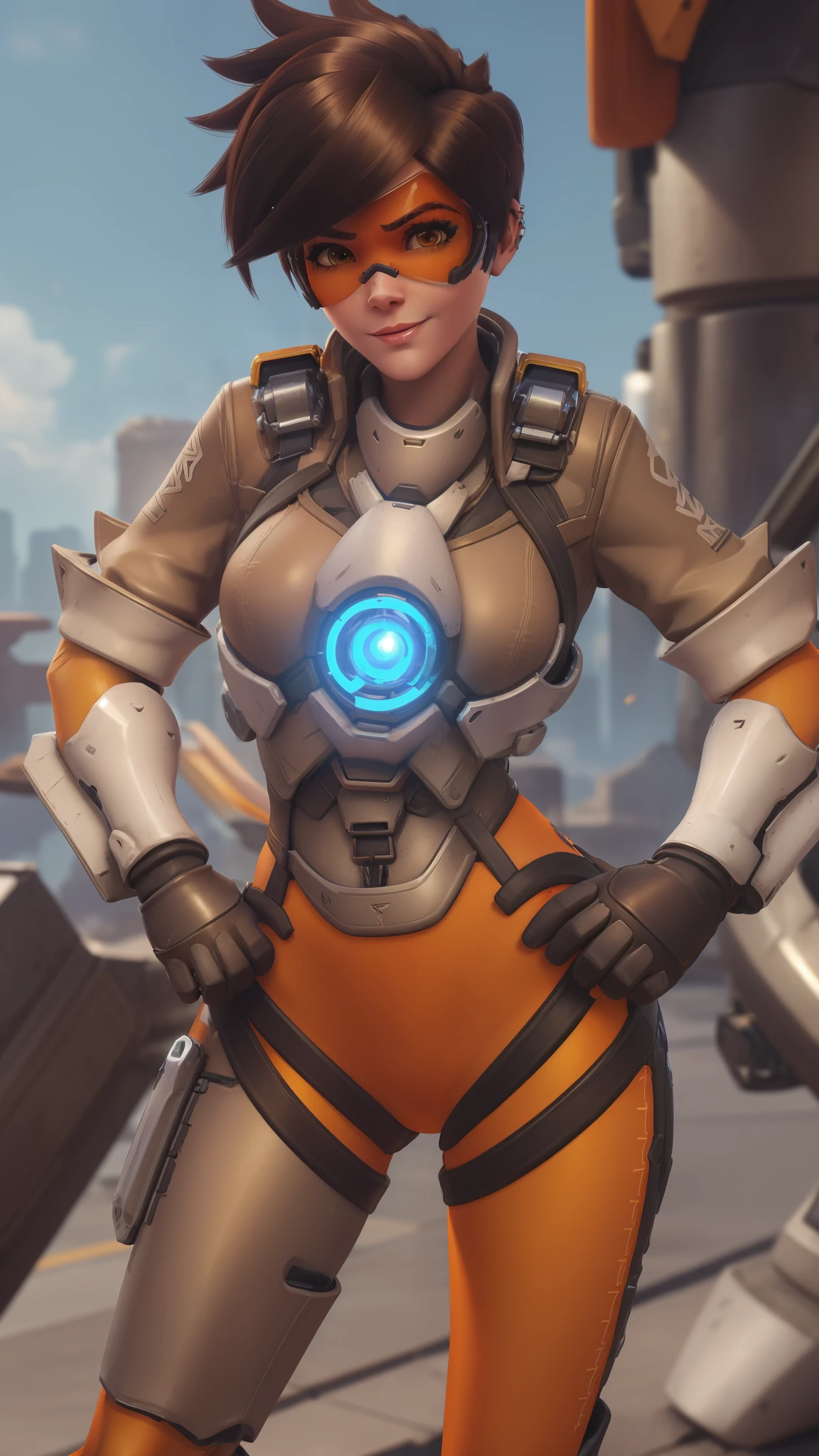 portrait of tracer, close up, gwen tennyson, tracer, overwatch, battle ruins, futuristic port, mecha pilot, bodysuit, combat stance, wide hips, thick legs, brown short sleeve pilot jacket, orange lycra leggings, short hair, punk makeup, hazel eyes, multicolored brown hair, sexy smile, freckles, beautiful girl, large breasts, 8k,ultra detailed, realistic, fantasy art, cyborg armor, pilot uniform,(weather: windy), (visor, googles),