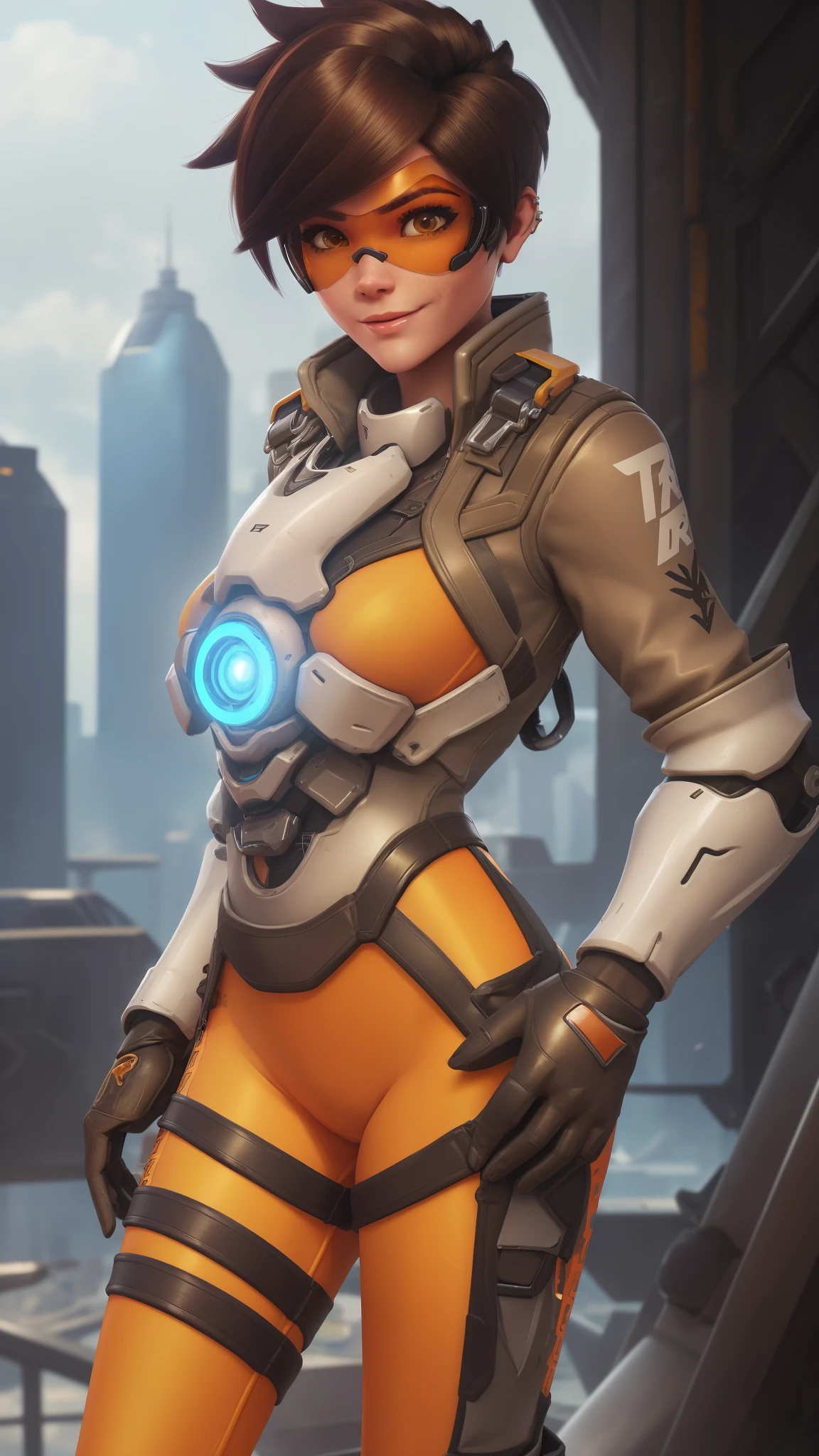 portrait of tracer, close up, gwen tennyson, tracer, overwatch, battle ruins, futuristic port, mecha pilot, bodysuit, sexy stance, wide hips, thick legs, brown short sleeve pilot jacket, orange lycra leggings, short hair, punk makeup, hazel eyes, multicolored brown hair, sexy smile, freckles, beautiful girl, large breasts, 8k,ultra detailed, realistic, fantasy art, cyborg armor, pilot uniform,(weather: windy), (visor, googles),