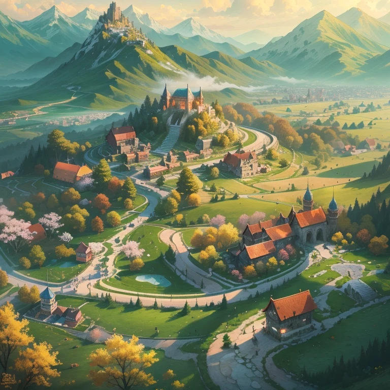 Snow Capped Mountain々and green grassland,In the center of the screen is a fortified city in medieval central Europe.、Road to the walled city、There are trees on both sides of the road、Traveler walking on the road、Flowers Bloom,sun,Baiyun,blue sky,During the day,dawn,黄金色のsunの光, Highly detailed 8K digital art,Rizhao Jinshan desktop wallpaper, Magnificent dreamlike scenery, 4K HD Matte Digital Painting, 8k HD Wallpaper Digital Art