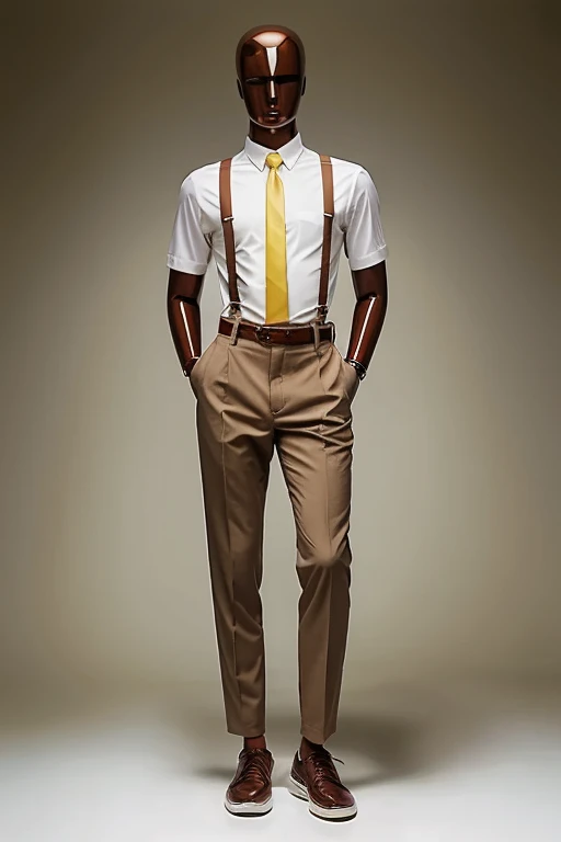 Generates an artificial intelligence image of a mannequin dressed in a red short-sleeved button-down shirt, accompanied by a yellow tie. The mannequin is wearing gray slim fit pants and a brown belt, plus brown suspenders. Complete the outfit with formal brown sneakers from Nike.