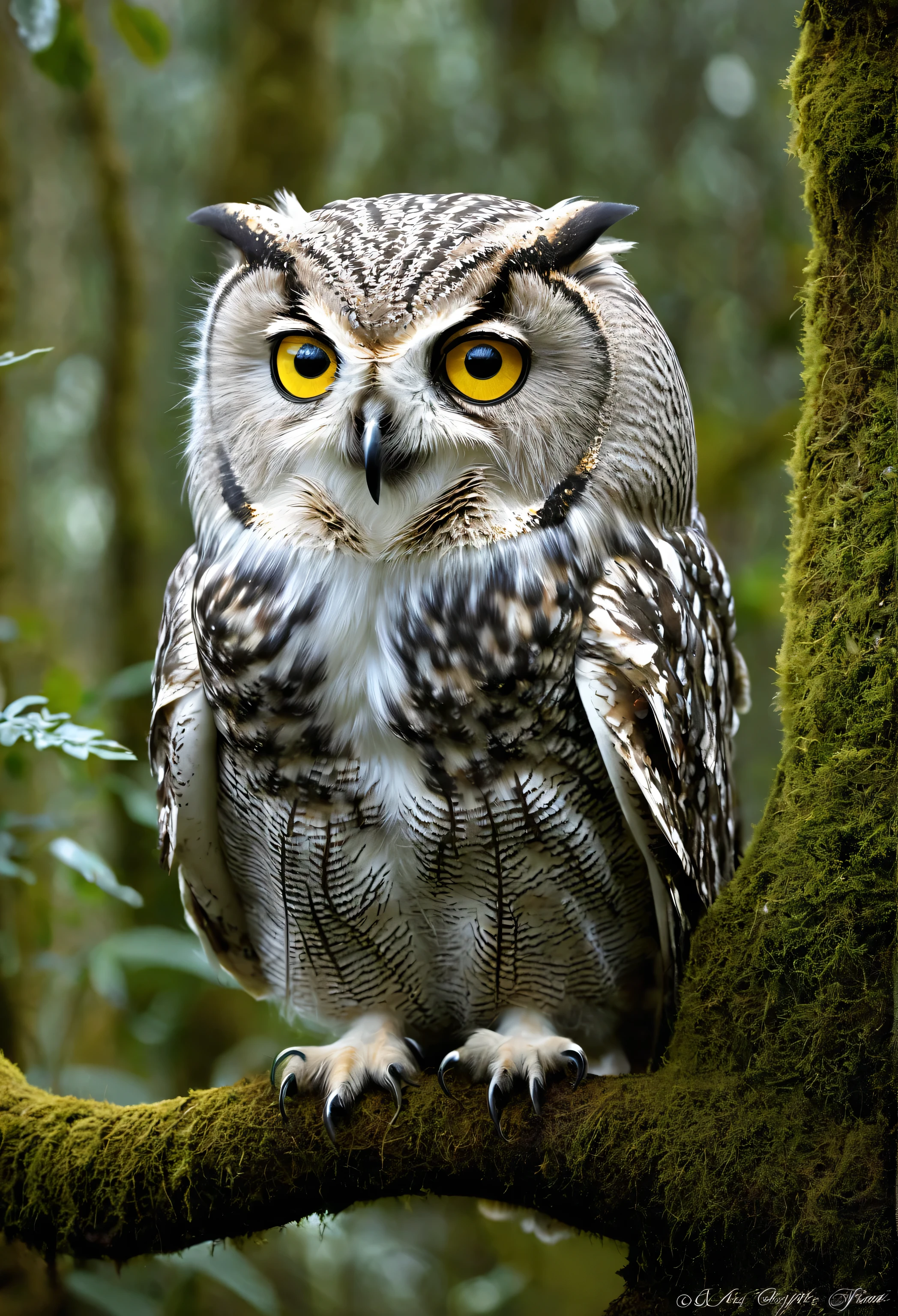 A Wise Owl is a majestic and mysterious creature that lives in the magical library of the enchanted forest.. Tiene un plumaje suave y tupido, white and grayish in color, with big yellow eyes that shine with intelligence and wisdom. Su mirada penetrante transmite calma y serenidad a todos los que lo rodean.esta acampando, , Bosque caducifolio