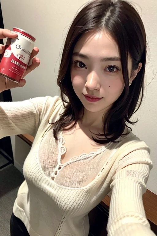 highest quality,masterpiece,Ultra-high resolution,(Realistic:1.4),Beautiful lighting, (Highly detailed CG Unity 8k wallpaper), Beautiful face in every detail,Detailed clothing, 50mm portrait photography, One Girl,Big black eyes, cute, young, Temporarily stop, Facial Lighting, Physically Based Rendering,Written boundary depth , Black Hair, Mole under the eye,(Serious face), ((Take from above)), (Please open your mouth wide),Japanese women、20-year-old、Knitted sweater、Young and beautiful woman taking a selfie, Taken with iPhone camera